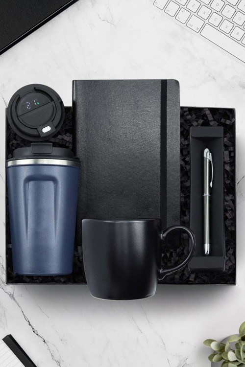 380 Ml Lacivert Kaydırmaz Dereceli Termos & Roller Kalem & Siyah Kupa & Siyah Defter Hediye Seti