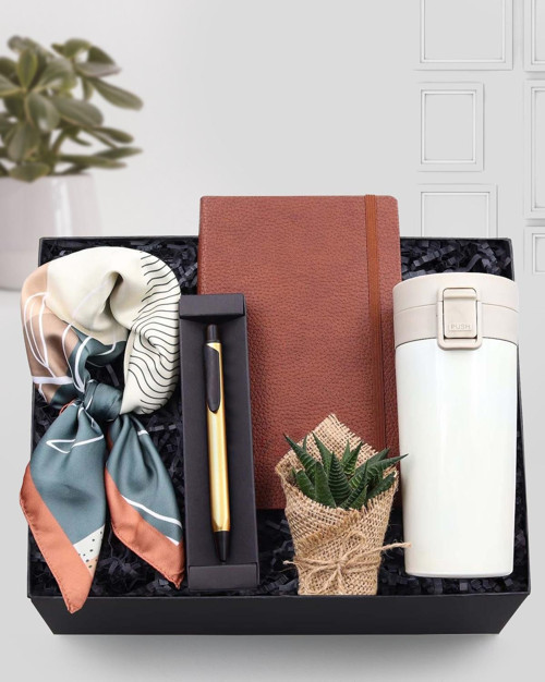 Kahverengi Defter & Gold-Siyah Renk Kalem & Kilitli Beyaz Çelik Termos & Fular & Sukulent Hediye Set