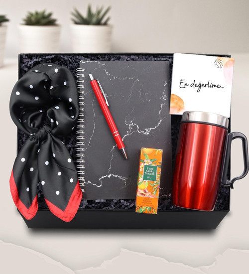 Mermer Defter-Kırmızı Tükenmez Kalem-280Ml Kırmızı Termos-Puantiyeli Fular-Mini Kolonya Hediye Seti