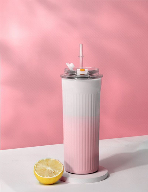 316 L Çelik 500 ml. Pembe Beyaz Degrade Pipetli El Termos Mug cin913pm