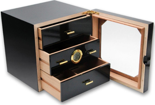 Çekmeceli 3 Katlı Siyah Sedir Humidor Puro Kutusu rd10