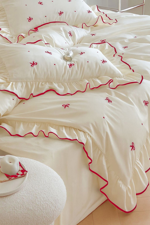Soft Elegance Fırfırlı Çift Kişilik Nevresim Seti Desenli Süs Dikişli %100 Pamuk