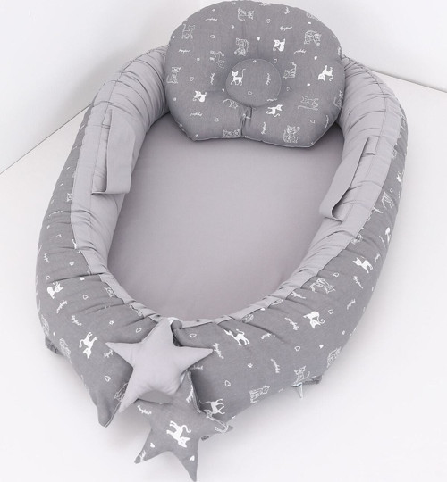 Babynest, Bebek Uyku Yatağı 0-2 Yaş - Gri Kedi Desen