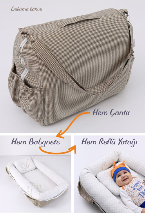 Umay Çantalı Taşınabilir Reflü Yatağı, Babynest, Anne Çantası - Dokuma Kahve