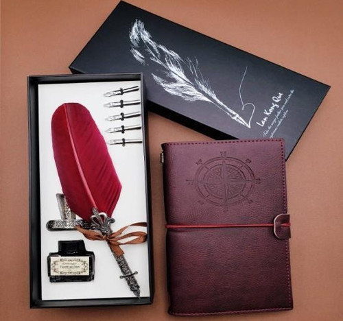 Tüylü Kalem Deri Defter Set Dekoratif Hediyelik