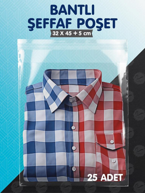 Bantlı Şeffaf Poşet (32x45+5 cm) 25 Adet Parlak Jelatin Paket Gömlek T-shirt Poşeti Hediye Poşeti -T1026