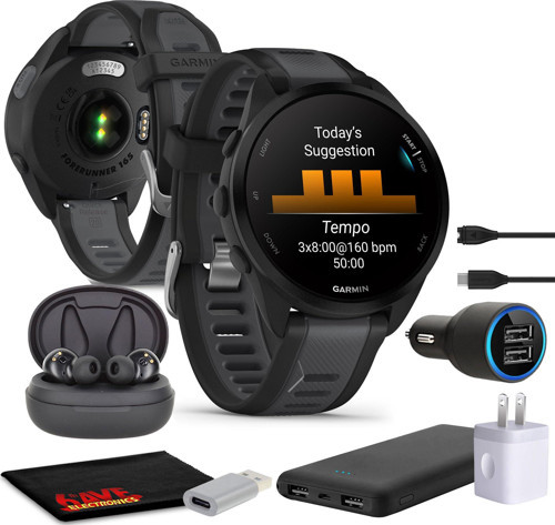 Forerunner 165 Müzik GPS Koşu Akıllı Saati, Kadınlar ve Erkekler için Fitness Takipçisi Akıllı Saat Aksesuarlarla Paket - Siyah/Barut Grisi