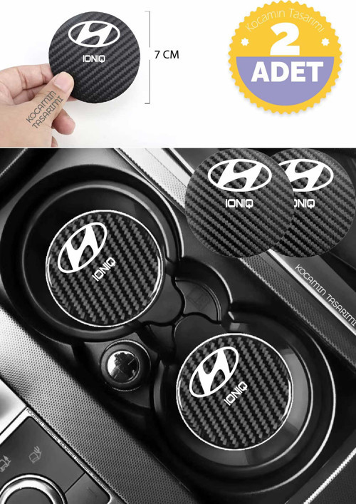 Hyundai Ioniq Siyah Karbon 7 cm Bardak Altlığı Hyundai Yazılı Ioniq Logolu 2 Adet Dayanıklı Şık Tasarım