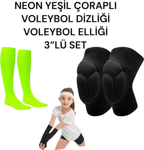 Çocuk Voleybol Dizliği Voleybol Elliği Neon Voleybol Çorabı Kapartma Sünger Destekli 3'lü Set