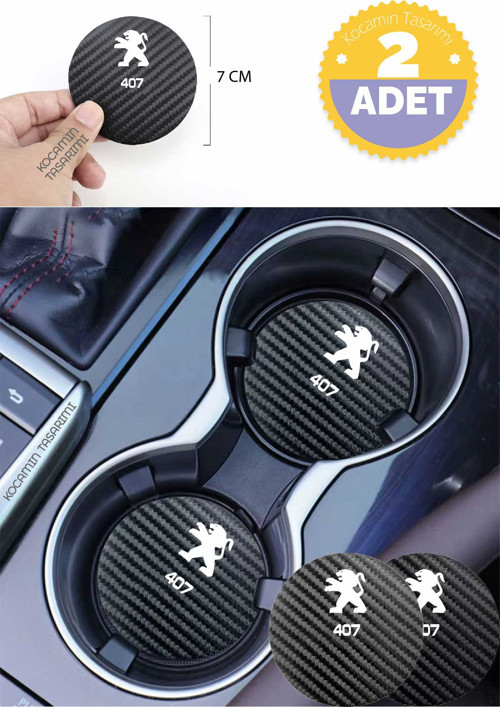 Peugeot 407 Yazılı Siyah Karbon Araç Bardak Altlığı Peugeot Logolu 407 İçin Şık ve Spor 7 cm Tasarım 2 Adet