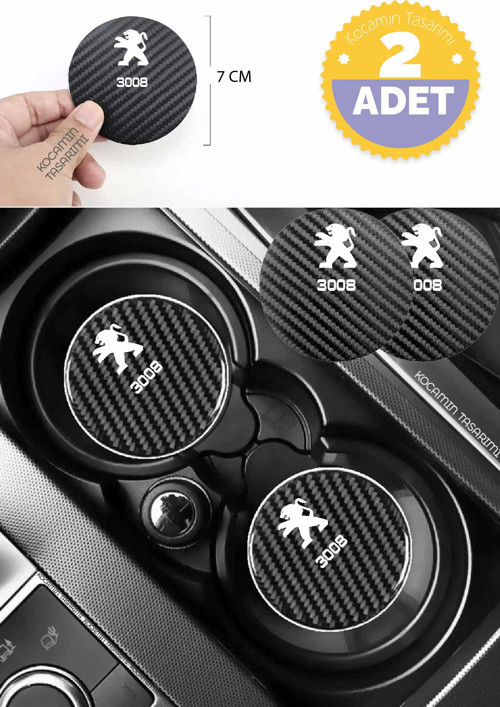 Peugeot 3008 Yazılı Karbon Bardak Altlığı Peugeot Armali 3008 İçin Spor ve Şık 7 cm 2 Adet Tasarım