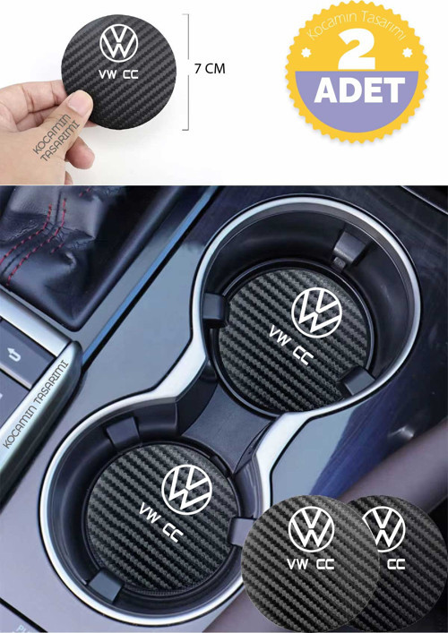 Volkswagen VW CC Yazılı Siyah Karbon Araç Bardak Altlığı Volkswagen Logolu VW CC İçin Şık ve Spor 7 cm Tasarım 2 Adet