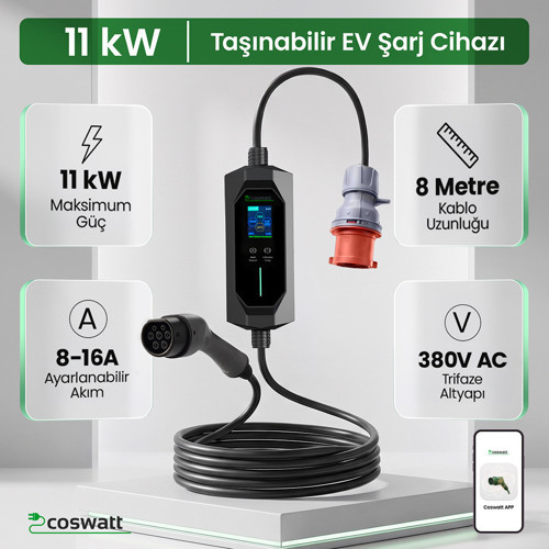Elektrikli Araba Taşınabilir Şarj Cihazı 11 Kw 16A Tip-2 5X16A 8 Metre Kablo (Türkçe Menü) YERLİ ÜRETİM