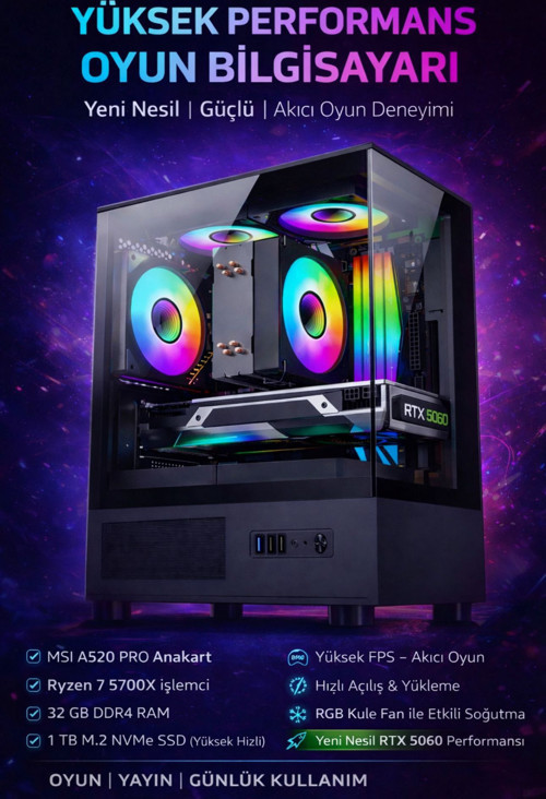 RİSE X50 Ryzen 7 5700X 32GB 1TB M.2 SSD RTX5060 GDDR7 Oyuncu Masaüstü Bilgisayarı Hazır Sistem