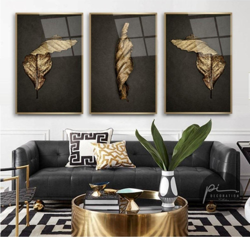 Gold Yapraklar Triple Cam Tablo