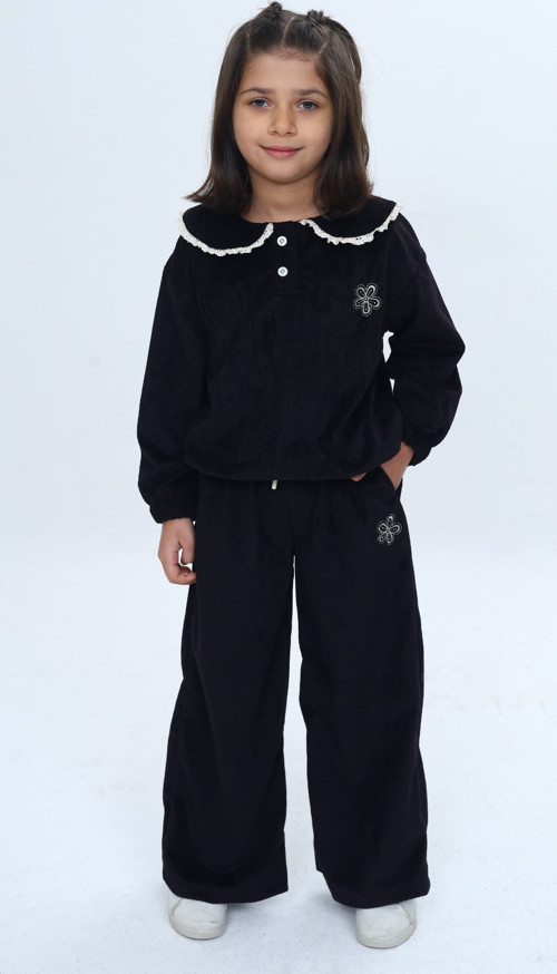 Toontoy Kız Çocuk 2'li Takım Yakası Güpürlü Nakışlı Sweatshirt & Beli Lastikli Bol Paça Eşofman Altı - Düğüme Detaylı & Kadife