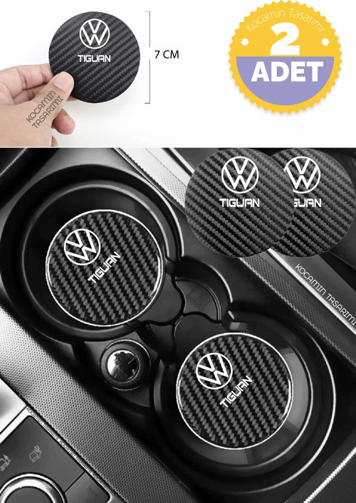 Volkswagen Tiguan Siyah Karbon 7 cm Bardak Altlığı Volkswagen Yazılı Tiguan Logolu 2 Adet Dayanıklı Şık Tasarım