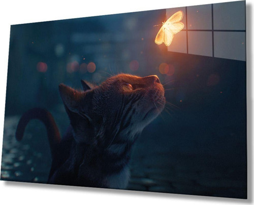 Kedi ve Kelebek Soyut Cam Tablo Ev ve Ofis Duvar Dekoru Hediyelik Büyük Temperli 4 mm Cam Tablo