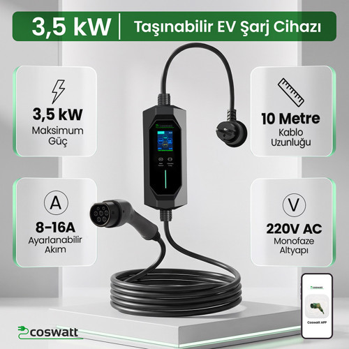 Taşınabilir Elektrikli Araç Şarj Cihazı 3,5 Kw 16A Monofaze Schuko Fiş 10 Metre(Türkçe Menü) YERLİ ÜRETİM