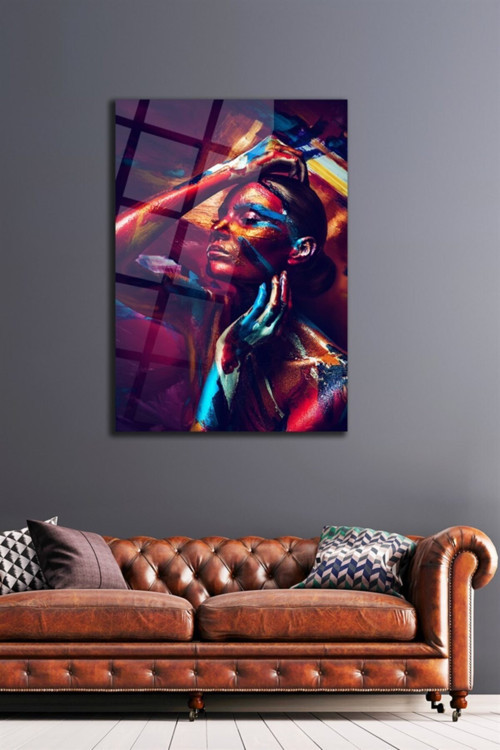 Modern Tablo Sanat Kadın Portre Cam Tablo 50 X 70 Çok Renkli