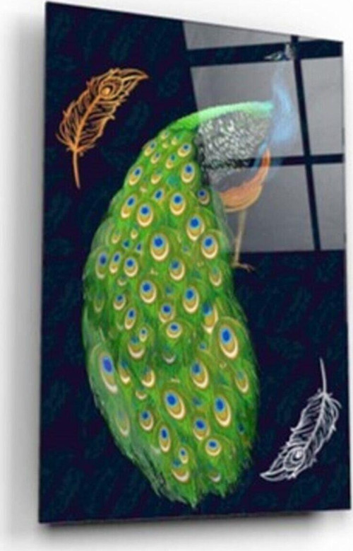 Yeşil Tavuskuşu Desenli Cam Tablo