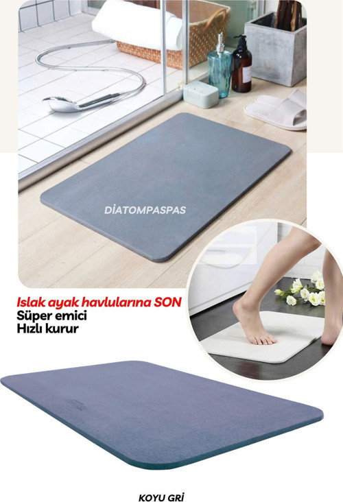 40*60 Cm Diatomite Paspas Koyu Gri Süper Emici Sihirli Banyo Paspası Abdest Paspası
