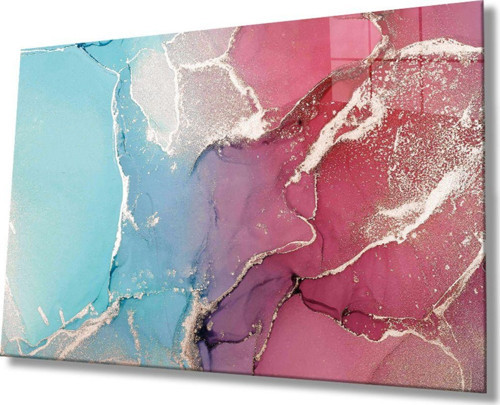 Pembe ve Mavi Soyut Cam Tablo Ev ve Ofis Duvar Dekoru Hediyelik Büyük Temperli 4 mm Cam Tablo