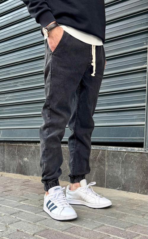 Erkek Bel Ve Paça Lastikli, Bağcıklı, Jogger Pantolon Esnek Kumaş, Yeni Sezon Füme Antrasit