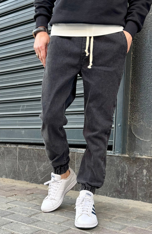 Erkek Jogger Kot Pantolon – Lastikli Bel & Paça, Yıkamalı Denim Füme Antrasit