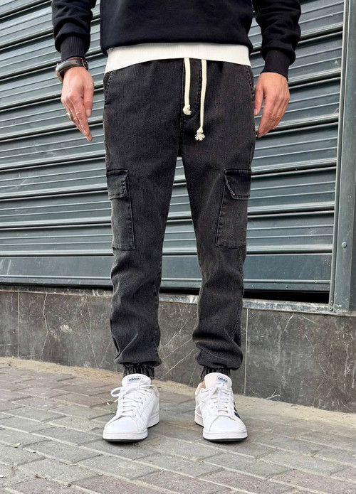 Erkek Jogger Kalıp Kargo Yan Cepli Bel Ve Paça Lastikli Yıkamalı Kot Pantolon Füme Antrasit