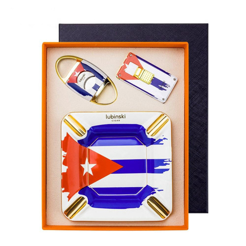 Yeni Seri Cuban Flag Design Üçlü Puro Seti Çakmak+Kesici+Küllük