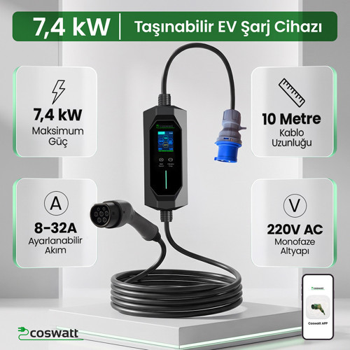 Elektrikli Araba Taşınabilir Şarj Cihazı 7 kw / 32A / Tip-2 / 3x32A Fiş / Monofaze/Çantalı / Ev Tipi Dönüştürücü Kablolu (10 METRE KABLO)