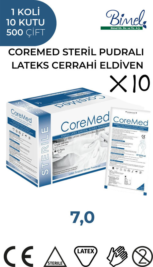 STERİL CERRAHİ LATEKS PUDRALI ELDİVEN 7 BEDEN 1 Koli-10 Paket-500 Çift