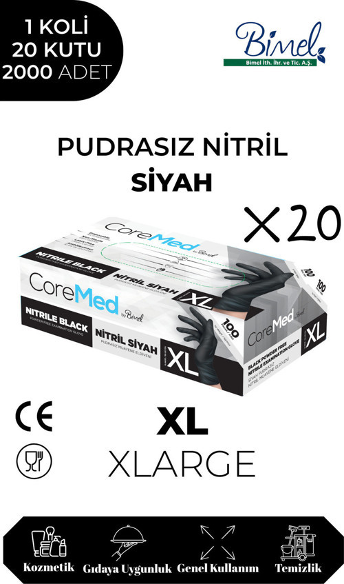 Nitril Siyah Pudrasız Muayene Eldiveni XL - 1 Koli-20 Paket-2000'li