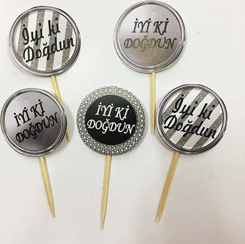 İyiki Doğdun Parti Kürdan Süsü (20 Adet) - Siyah ve Gümüş