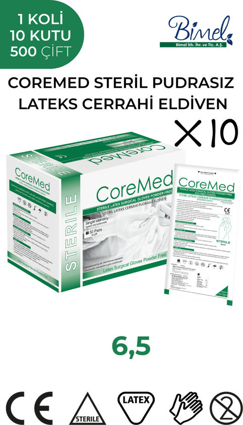STERİL CERRAHİ LATEKS PUDRASIZ ELDİVEN 6,5 BEDEN 1 Koli-10 Paket-500 Çift