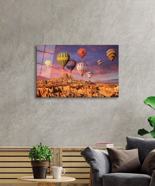 Uçan Balonlar Kapadokya Cam Tablo Ev ve Ofis Duvar Dekoru Hediyelik Büyük Temperli 4 mm Cam Tablo