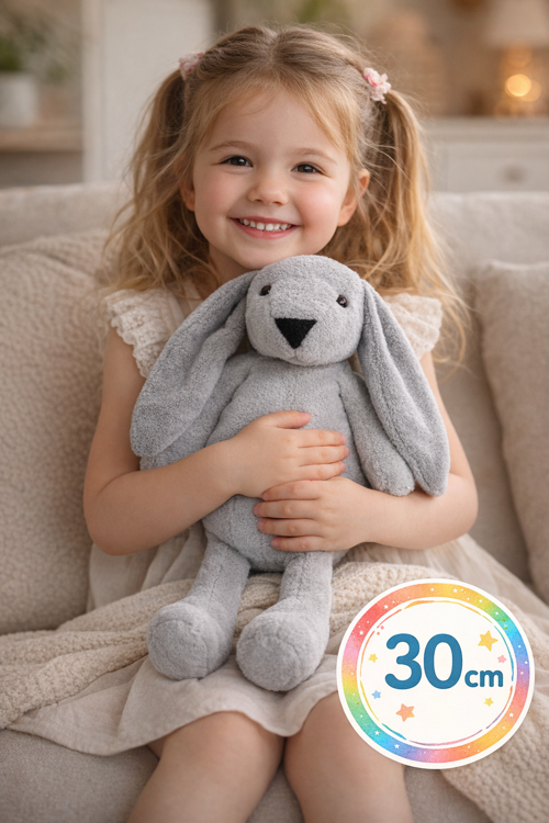 30 Cm Uzun Kulaklı Gri Peluş Tavşan – Yumuşak Uyku Arkadaşı, Bebek ve Çocuk Oyuncağı