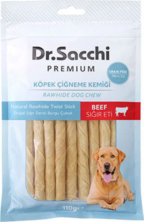 Dr.Sacchi Premium Sığır Etli Doğal Sığır Derisi Burgu Çubuk Tahılsız Köpek Ödülü 5'' 15'li 110 Gr