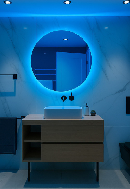 Yuvarlak Led Işıklı Ayna Banyo, Antre, Yatak Odası Ve Makyaj Mavi 50,60,70,80 Cm Ölçü Seçeneği