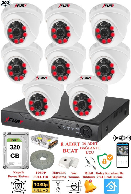 XFury 8 Kameralı 5mp 3.6mm Lens 2mp Görüntü 6 Atom Led Gece Görüşlü FullHd Güvenlik Kamerası 1412A 320GB