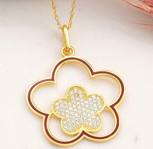 925 Ayar Gümüş Gold Çiçek Desenli Kadın Kolye