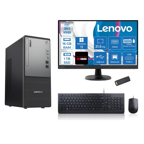 Thinkcentre Neo 50T Gen5 Intel Core I5 14400 16GB Ddr5 1tb SSD 21.5 Inç Monitör Windows 11 Pro Radeon RX550 4gb Masaüstü Bilgisayar 5502112UAS1CF00P03 + Zetta Flash Bellek