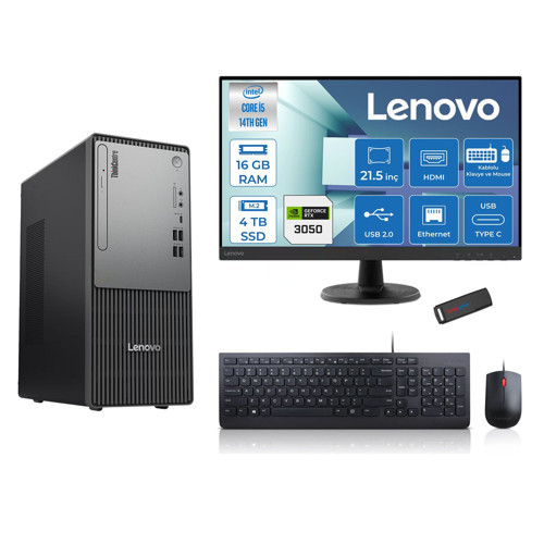 Thinkcentre Neo 50T Gen5 Intel Core I5 14400 16GB Ddr5 4tb SSD 21.5 Inç Monitör Freedos Nvidia RTX3050 6gb Masaüstü Bilgisayar 30502112UAS1CF00F05 + Zetta Flash Bellek