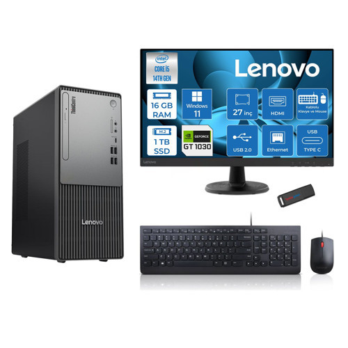 Thinkcentre Neo 50T Gen5 Intel Core I5 14400 16GB Ddr5 1tb SSD 27 Inç Monitör Windows 11 Pro Nvidia GT1030 4gb Masaüstü Bilgisayar 10302712UAS1CF00P03 + Zetta Flash Bellek