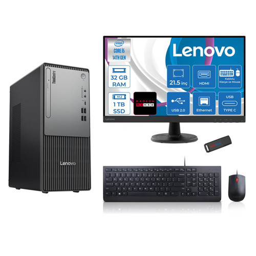 Thinkcentre Neo 50T Gen5 Intel Core I5 14400 32GB Ddr5 1tb SSD 21.5 Inç Monitör Freedos Radeon RX550 4gb Masaüstü Bilgisayar 5502112UAS1CF00F13 + Zetta Flash Bellek