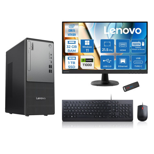 Thinkcentre Neo 50T Gen5 Intel Core I5 14400 32GB Ddr5 1tb SSD 21.5 Inç Monitör Windows 11 Home Quadro T1000 4gb Masaüstü Bilgisayar 10002112UAS1CF00H13 + Zetta Flash Bellek