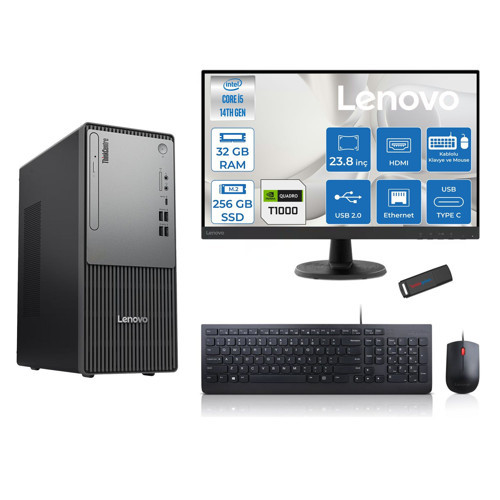 Thinkcentre Neo 50T Gen5 Intel Core I5 14400 32GB Ddr5 256GB SSD 23.8 Inç Monitör Freedos Quadro T1000 4gb Masaüstü Bilgisayar 10002412UAS1CF00F11 + Zetta Flash Bellek