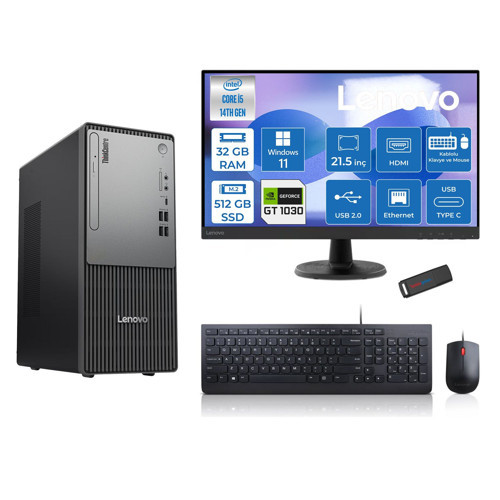 Thinkcentre Neo 50T Gen5 Intel Core I5 14400 32GB Ddr5 512GB SSD 21.5 Inç Monitör Windows 11 Pro Nvidia GT1030 4gb Masaüstü Bilgisayar 10302112UAS1CF00P12 + Zetta Flash Bellek