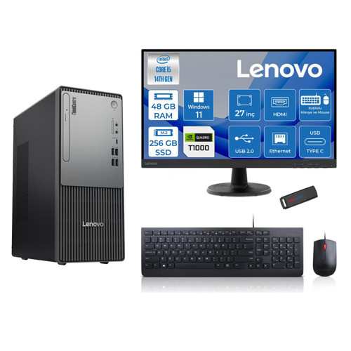 Thinkcentre Neo 50T Gen5 Intel Core I5 14400 48GB Ddr5 256GB SSD 27 Inç Monitör Windows 11 Home Quadro T1000 4gb Masaüstü Bilgisayar 10002712UAS1CF00H16 + Zetta Flash Bellek